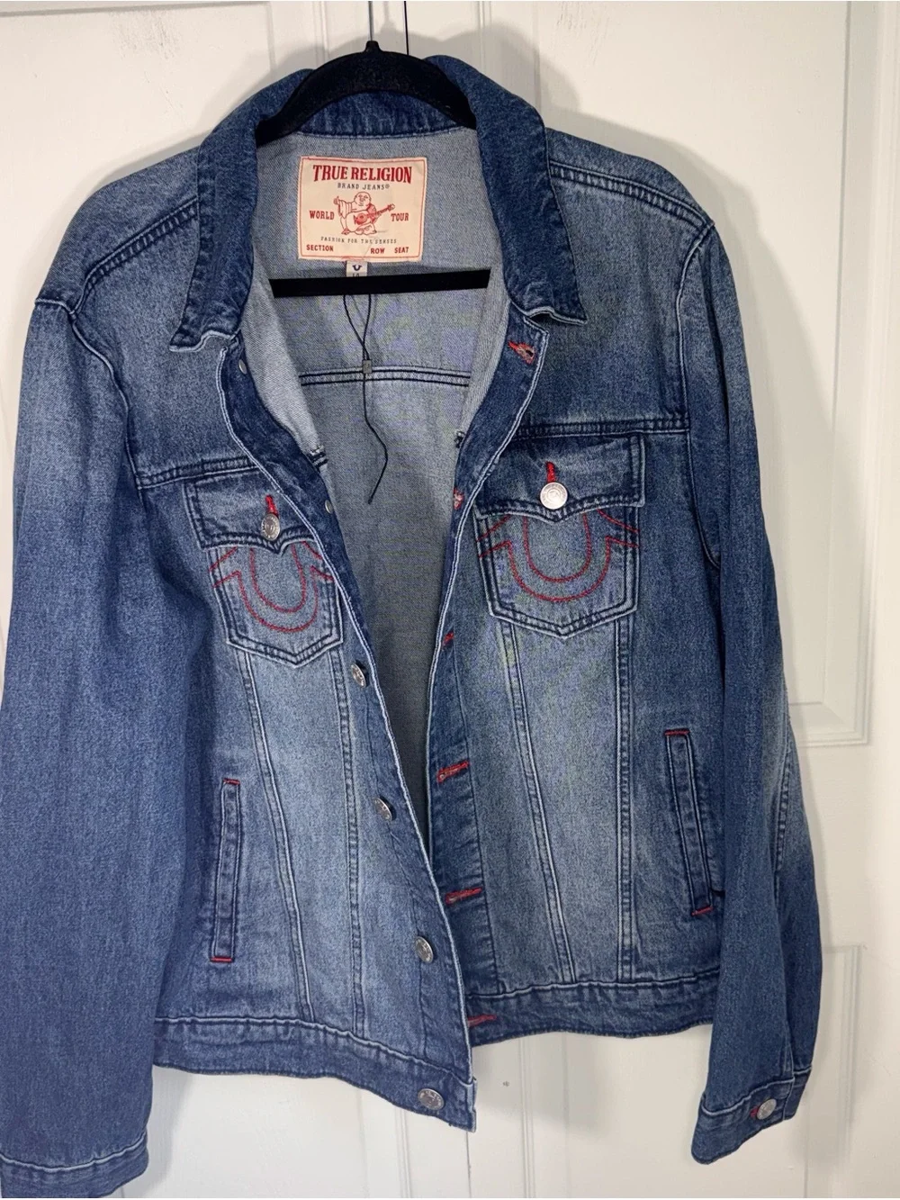 True Religion Men's Blue Denim Trucker Jacket with Red Stitching